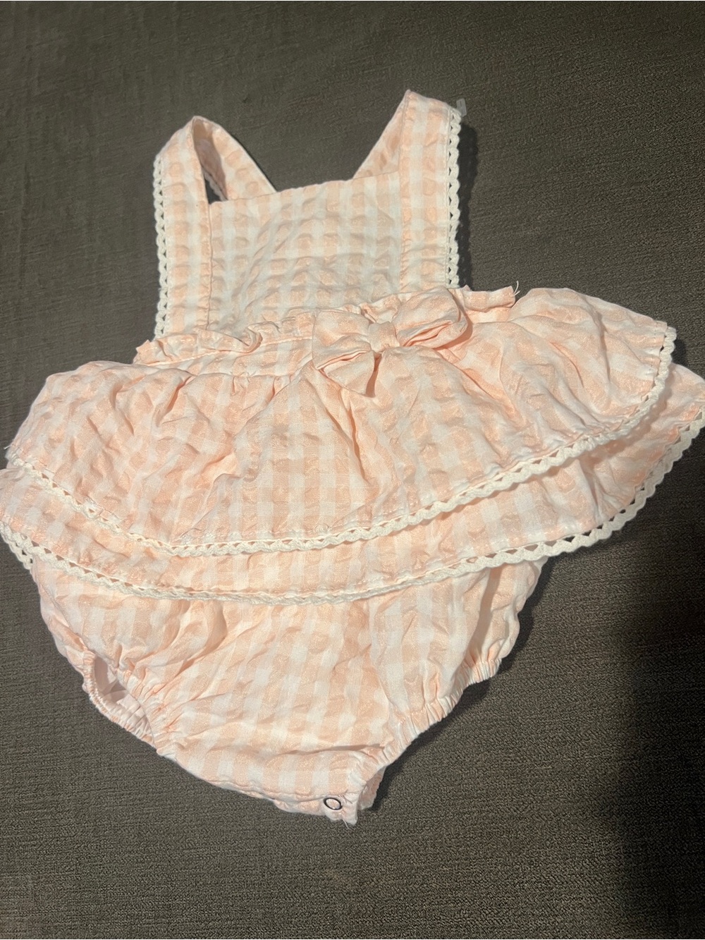 Joie Peach Gingham Baby Romper with Ruffle Details